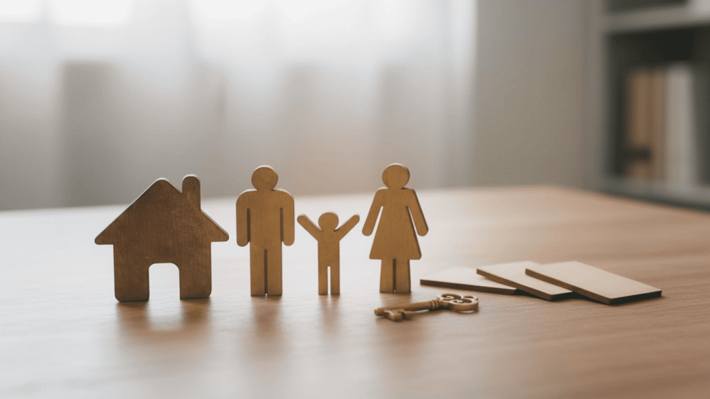 Holzfiguren einer Familie neben einem kleinen Haus